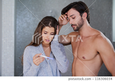 Couple, pregnancy test and nervous for result in home, maternity kit and wait for outcome in bathroom. People, together and support to check for baby or child, scared and stress for fertility stick Couple, pregnancy test and nervous for result in home, maternity kit and wait for outcome in bathroom. People, together and support to check for baby or child, scared and stress for fertility stick 116306034
