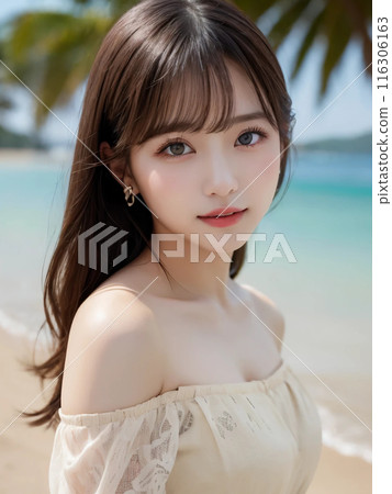 A long-haired girl from Minato Ward smiling gently at the sea 116306163
