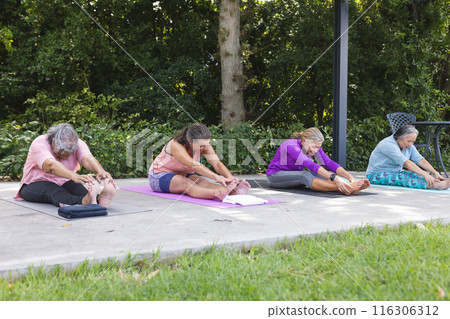 Outdoors, diverse senior female friends stretching Outdoors, diverse senior female friends stretching 116306312