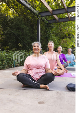 Outdoors, diverse senior female friends practicing yoga, wearing casual sportswear 116306317
