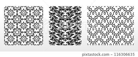 Geometric floral set of seamless patterns. White and black vector backgrounds. Damask graphic ornaments. 116306635