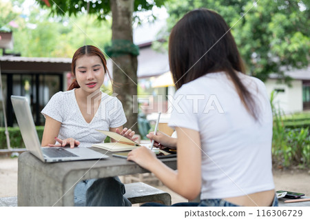 A positive young Asian female college student is doing homework with her friend at a table in a park 116306729
