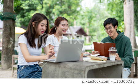 A group of positive Asian college students is working on a co-project together at a table in a park. 116306732