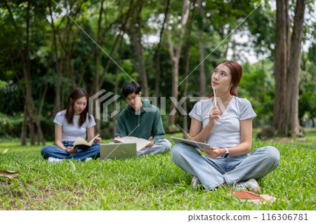 A thoughtful Asian female student is thinking about ideas, using her digital tablet in a park. A thoughtful Asian female student is thinking about ideas, using her digital tablet in a park. 116306781