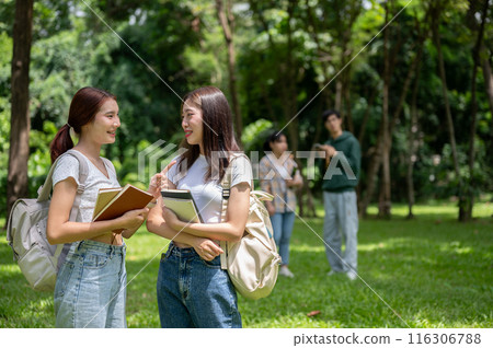 Two happy Asian female college students with backpacks are talking while walking together in park. Two happy Asian female college students with backpacks are talking while walking together in park. 116306788
