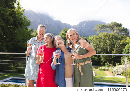 Diverse senior female friends enjoying wine outdoors Diverse senior female friends enjoying wine outdoors 116306973