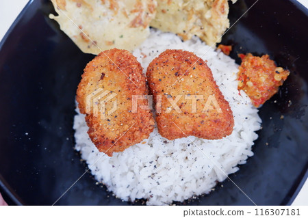 rice, sambal and nuggets rice, sambal and nuggets 116307181