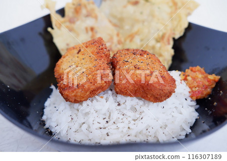 rice, sambal and nuggets rice, sambal and nuggets 116307189