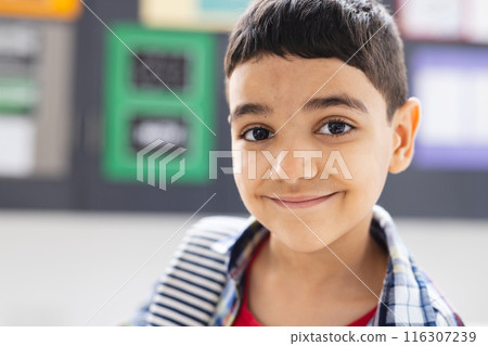 In school, young biracial boy with dark hair is smiling in the classroom In school, young biracial boy with dark hair is smiling in the classroom 116307239
