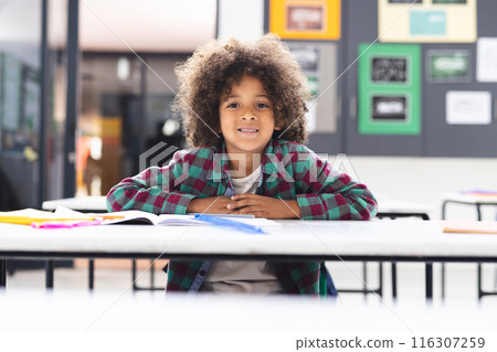 In school, young biracial boy leaning on a desk in a classroom, smiling 116307259