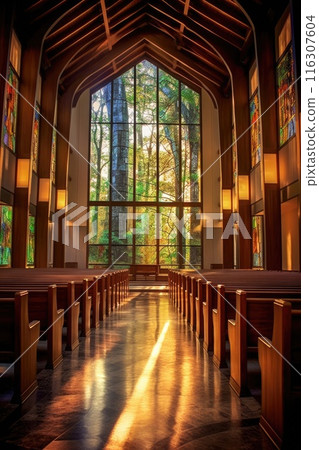 interior of a cathedral church with stained glass and light, ai interior of a cathedral church with stained glass and light, ai 116307604