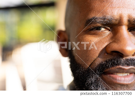 Outdoors, African American senior man, maintaining well-groomed beard, copy space 116307700