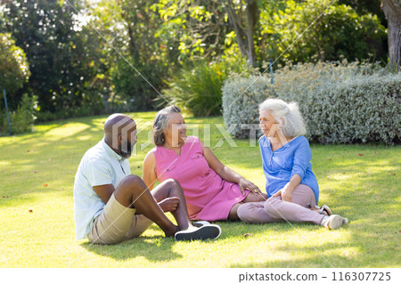 Outdoors, diverse senior friends laughing together in sunny park 116307725