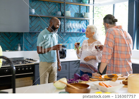 Diverse senior friends enjoying drinks at home, discussing over meal preparation Diverse senior friends enjoying drinks at home, discussing over meal preparation 116307757