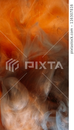 Twisted mist. Steam background. Mystical ink beige orange wave abstract art magic atmospheric smoke over golden shiny glitter flow. Twisted mist. Steam background. Mystical ink beige orange wave abstract art magic atmospheric smoke over golden shiny glitter flow. 116307816