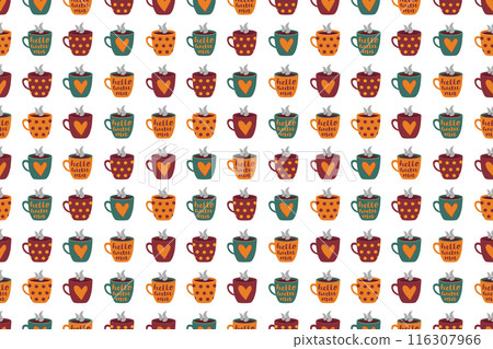 Seamless Pattern with Cups of Coffee or Mugs of Tea in Autumn colors, hot drinks editable background for coffee shop 116307966