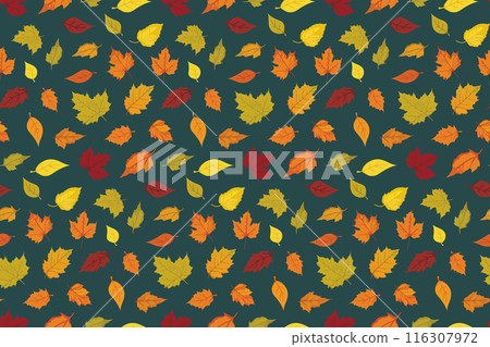 Autumn seamless pattern with vibrant colorful fallen leaves, flat design, editable stroke on dark green background Autumn seamless pattern with vibrant colorful fallen leaves, flat design, editable stroke on dark green background 116307972