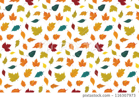 Seamless pattern with vibrant colorful autumn fallen leaves, flat design, editable stroke on white background 116307973