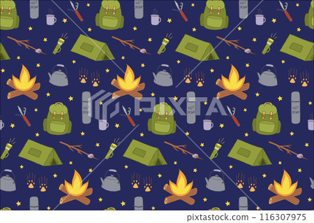 Vector Picnic Seamless Pattern. Backpacking and Hiking Doodle Wallpaper. Local Tourism and Camping 116307975
