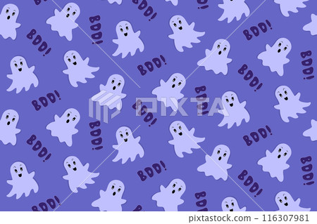 Cute Ghosts saying Boo. Halloween Vector Seamless Pattern. Flat Cartoon style. Blue and Violet Background 116307981
