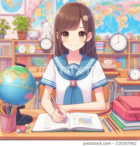 A girl in uniform studying hard at her desk 116307982
