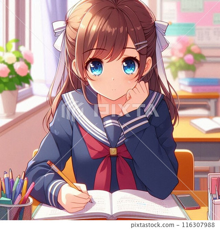 A girl in uniform studying hard at her desk 116307988