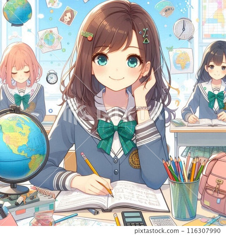 A girl in uniform studying hard at her desk A girl in uniform studying hard at her desk 116307990