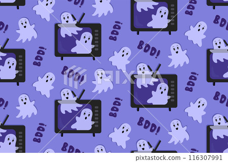 Ghosts Flying out of a TV. Halloween Vector Seamless Pattern. Boo Text. Flat Cartoon style. Blue and Violet Background Ghosts Flying out of a TV. Halloween Vector Seamless Pattern. Boo Text. Flat Cartoon style. Blue and Violet Background 116307991