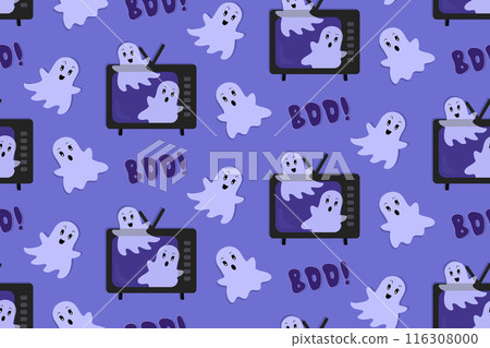 Halloween Ghosts Flying out of a TV. Vector Seamless Pattern. Boo Text. Flat Cartoon style. Blue and Violet Background 116308000