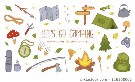 Vector Camping Set. Backpacking and Hiking Colorful Doodle Illustrations on White Background. Local Tourism Vector Camping Set. Backpacking and Hiking Colorful Doodle Illustrations on White Background. Local Tourism 116308002