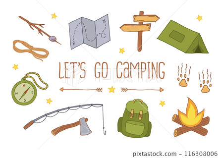 Camping Set. Backpacking and Hiking cartoon doodle illustrations on white background. Tourists equipment for Trekking 116308006