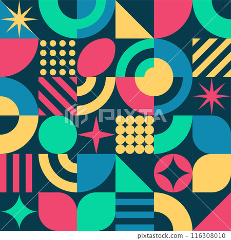 Geometry artwork square background with simple minimalistic shapes. Abstract vector pattern. Scandinavian Neo Geo style Geometry artwork square background with simple minimalistic shapes. Abstract vector pattern. Scandinavian Neo Geo style 116308010