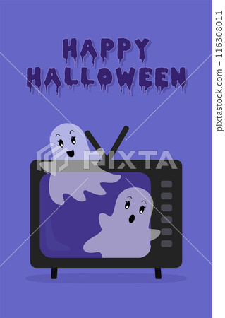 Happy Halloween Vector Poster. Cute Halloween Ghosts Flying out of a TV. Greeting Card in Flat Cartoon style Happy Halloween Vector Poster. Cute Halloween Ghosts Flying out of a TV. Greeting Card in Flat Cartoon style 116308011
