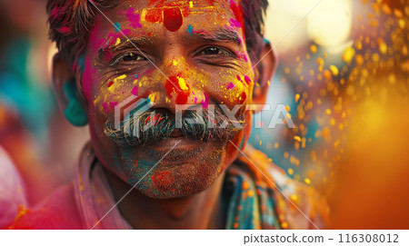 Indian man with mustache covered with yellow Holi powder smiling Indian man with mustache covered with yellow Holi powder smiling 116308012
