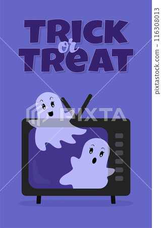 Trick Or Treat Vector Poster. Cute Halloween Ghosts Flying out of a TV. Greeting Card or Invitation. Flat Cartoon style Trick Or Treat Vector Poster. Cute Halloween Ghosts Flying out of a TV. Greeting Card or Invitation. Flat Cartoon style 116308013