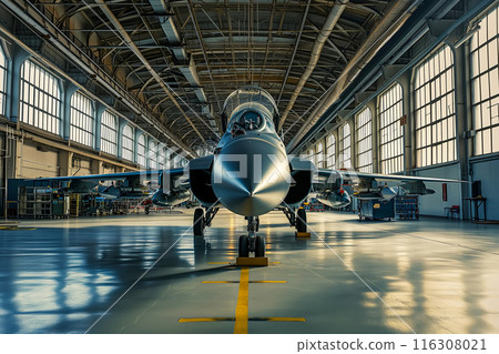 Military airplane on maintenance of engine and fuselage check repair in hangar 116308021