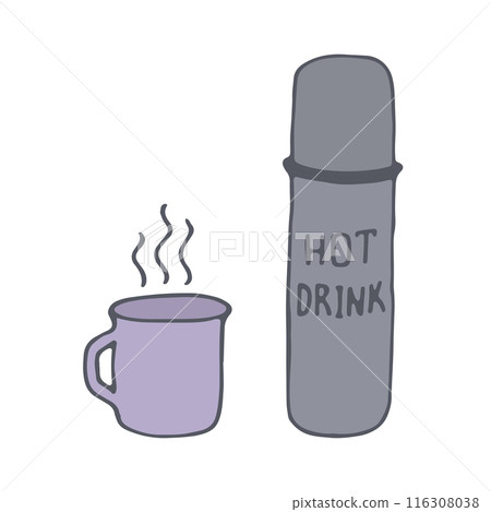 Travel Thermos and Mug with Hot Drink. Doodle style, colorful illustration for Hiking, Camping, Local Tourism 116308038