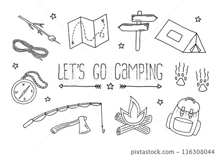 Lets Go Camping Set. Backpacking drawing, editable doodle illustration. Hiking icons. Black objects on white background 116308044