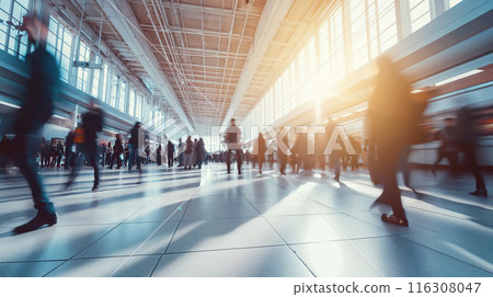 Commuters silhouettes in subway station, train station or airport. Rush Hour in public transport with abstract colorful light trails Commuters silhouettes in subway station, train station or airport. Rush Hour in public transport with abstract colorful light trails 116308047