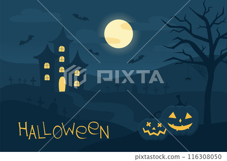 Happy Halloween background with carved face pumpkins, bats, spider, graves, and spooky old house. Copy space banner. 116308050