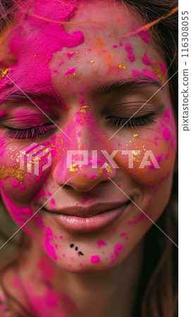 Happy Young Indian woman with pink holi paint on her face smiling with closed eyes 116308055