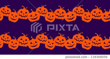 Halloween pumpkin seamless pattern. Pumpkin with carved face on violet background. Cute smiling Jack Lantern silhouette Halloween pumpkin seamless pattern. Pumpkin with carved face on violet background. Cute smiling Jack Lantern silhouette 116308056