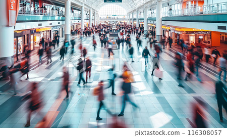 Busy Airport Terminal with Blurred Motion. Abstract colorful light trails emphasizing movement 116308057