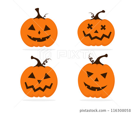 Halloween pumpkin set with carved face isolated illustration on white background. Cute smiling Jack Lantern icons Halloween pumpkin set with carved face isolated illustration on white background. Cute smiling Jack Lantern icons 116308058