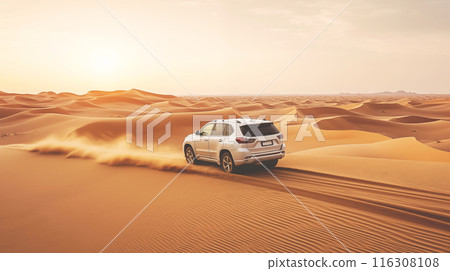 SUV Driving Through Desert Dunes kicking up sand on vast desert landscape 116308108