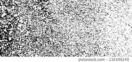 Black gritty gradient texture. Grunge grain overlay background. Distressed noise surface with dust, sand, particles, specks, speckles. Rough dirty granule backdrop of concrete, cement, gravel. Vector 116308249