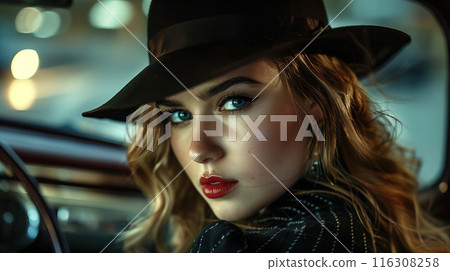 Woman dressed in retro attire, her timeless style perfectly complementing the nostalgic Woman dressed in retro attire, her timeless style perfectly complementing the nostalgic 116308258
