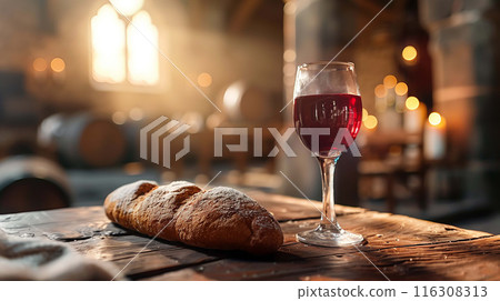 Bread accompanied by a glass of wine 116308313
