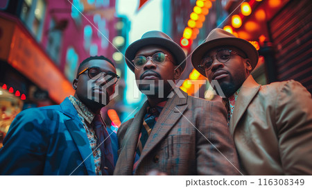 Three men dressed in the latest fashion trends, standing with poise and self-assurance 116308349
