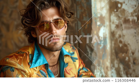 Handsome model confidently striking a pose in sleek, stylish clothing 116308446